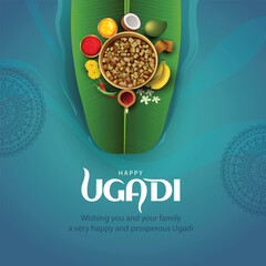happy Ugadi New Year festival. holiday celebrated by the inhabitants of Karnataka and Andhra Pradesh. abstract vector illustration graphic design. - obrazy, fototapety, plakaty