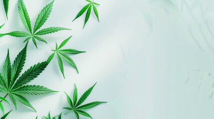 Close-up of fresh and verdant cannabis leaves scattered tastefully on a pure white background
