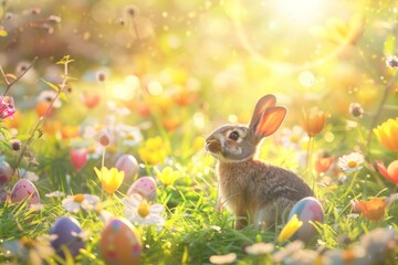 Fototapeta na wymiar A playful scene with a rainbow hued rabbit and a kaleidoscope of Easter eggs in a sunlit blooming field