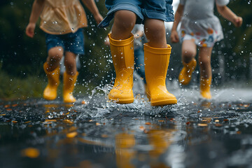Several kids wearing yellow rain boots, jumping and splashing in puddles as rain falls around them, conveying a strong summer vibe.