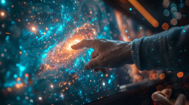A hand reaching out to touch the dazzling edge of a stellar nebula, surrounded by cosmic particles and celestial glow.
