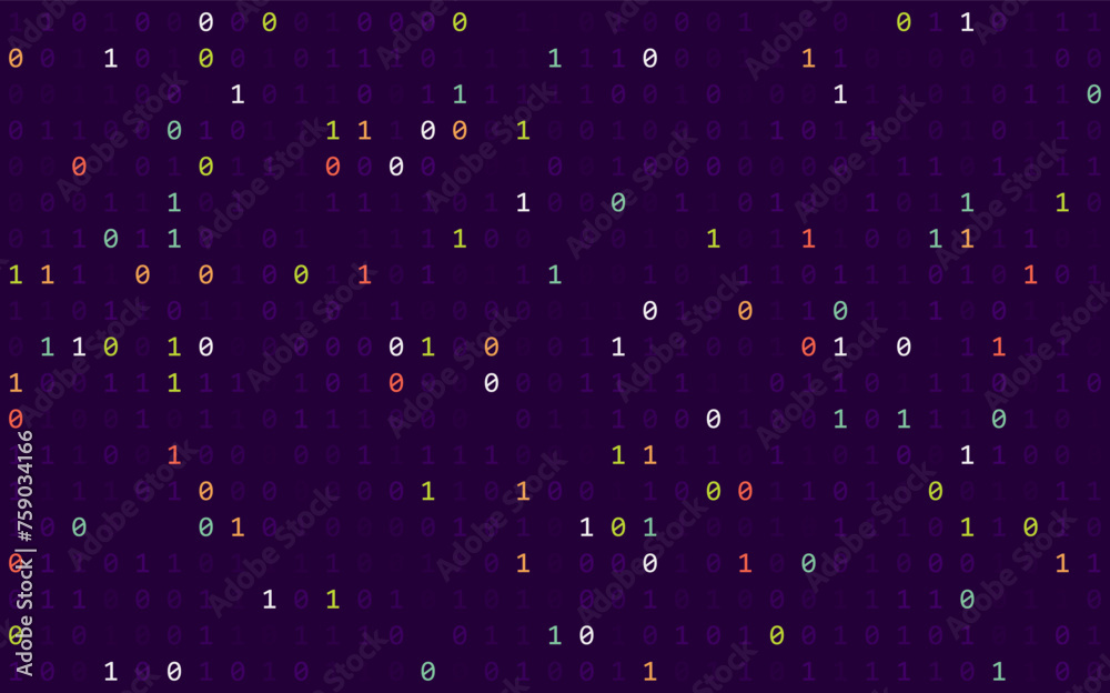 Fototapete Mathematics Background - Binary Numbers in Random Pattern with Random Highlights. Colorful School Pattern for Children. Multicolor Math Physics Programming Algorithm Vector Illustration.