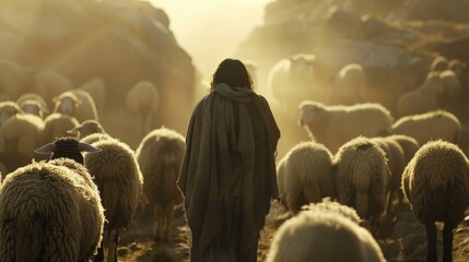 Jesus surrounded by sheep all looking towards him with reverence - obrazy, fototapety, plakaty