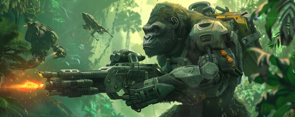 Robot gorilla with armmounted plasma blasters guarding a hightech jungle outpost