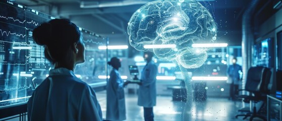 Sci fi scene of brain computer interfaces in a futuristic lab humans connecting with AI in a seamless network - obrazy, fototapety, plakaty