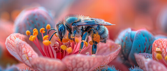 The photo captures an intricate view of a bee on an exotic, red plant, highlighting the intricacies...