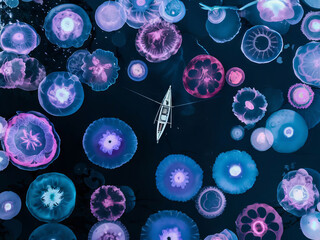 Boat in bioluminescent jellyfish
