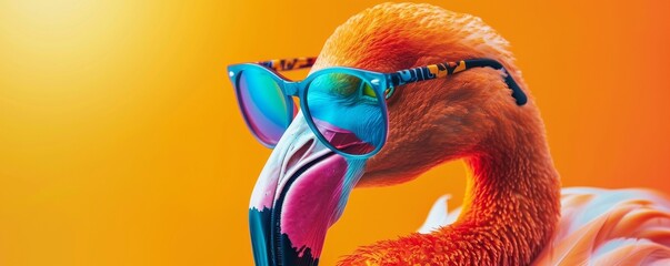 A stylish flamingo wearing colorful eyeglasses - obrazy, fototapety, plakaty