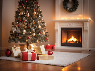 Fototapeta na wymiar Unwrapping Joy with a Gift Under the Christmas Tree in a Cozy Interior