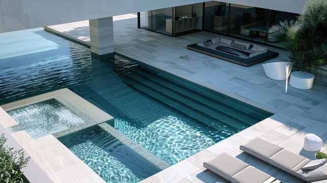 A modern geometric pool with clean lines and a minimalist design, featuring a striking water feature and underwater seating areas. 