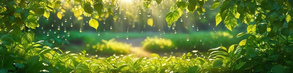 Abstract colorful blurred illustration sun rays breaking through leaves on spring and summer morning, ecology theme, blurred bokeh background	