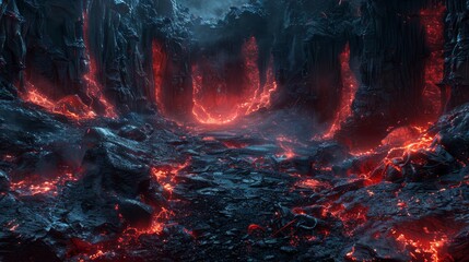 An otherworldly scene of a fiery lava river coursing through a cave's daunting darkness, radiating a sinister red glow.