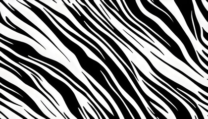 Seamless vertical zebra skin or tiger stripe pattern. Tileable black and white safari wildlife animal print background texture. Monochrome warbled abstract wavy wonky glitch lines fur coat motif - obrazy, fototapety, plakaty