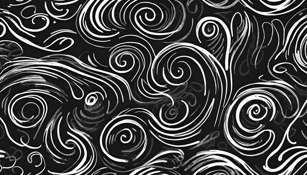 Seamless whimsical abstract hand drawn graffiti scribble pattern or freestyle swirl motif. Monochrome bold white paint strokes texture on black background in a trendy painterly doodle line art style