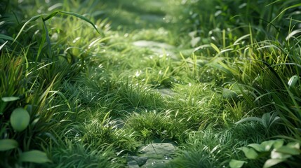 Close-up of fresh, dew-kissed grass blades glistening in the soft, warm light of an early morning.