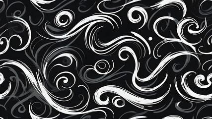 Fototapeta premium Seamless whimsical abstract hand drawn graffiti scribble pattern or freestyle swirl motif. Monochrome bold white paint strokes texture on black background in a trendy painterly doodle line art style