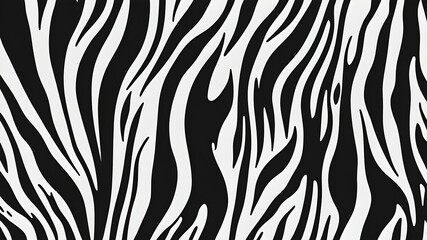 Seamless vertical zebra skin or tiger stripe pattern. Tileable black and white safari wildlife animal print background texture. Monochrome warbled abstract wavy wonky glitch lines fur coat motif - obrazy, fototapety, plakaty
