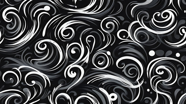 Seamless whimsical abstract hand drawn graffiti scribble pattern or freestyle swirl motif. Monochrome bold white paint strokes texture on black background in a trendy painterly doodle line art style
