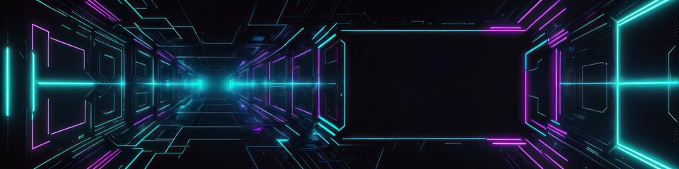 Fototapeta na wymiar Futuristic technology banner, background, neon lines, glow, cyberpunk style, template for design, space for text 