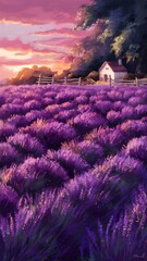 Beautiful landscape with lavender at sunset. Colorful nature with purple flower in Provence.