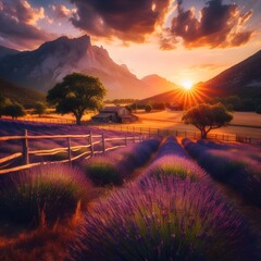 Beautiful landscape with lavender at sunset. Colorful nature with purple flower in Provence. - obrazy, fototapety, plakaty