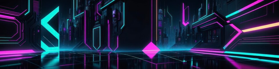 Futuristic technology banner, background, neon lines, glow, cyberpunk style, template for design, space for text	