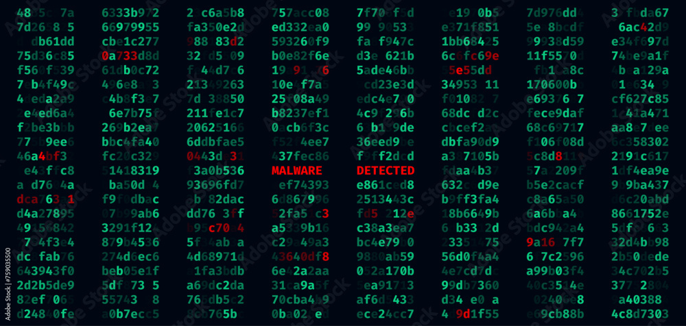 Fototapete Malware Detected. Business Computer Network Hacker Attack Concept. Computer Virus Raw Machine Hexadecimal Code. System Hacked. Data Breach. Cyber Crime Background. Vector Illustration.