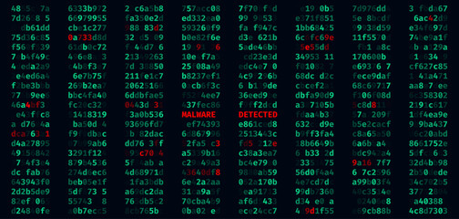 Malware Detected. Business Computer Network Hacker Attack Concept. Computer Virus Raw Machine Hexadecimal Code. System Hacked. Data Breach. Cyber Crime Background. Vector Illustration.