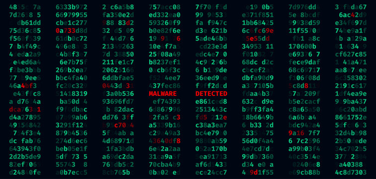 Malware Detected. Business Computer Network Hacker Attack Concept. Computer Virus Raw Machine Hexadecimal Code. System Hacked. Data Breach. Cyber Crime Background. Vector Illustration.