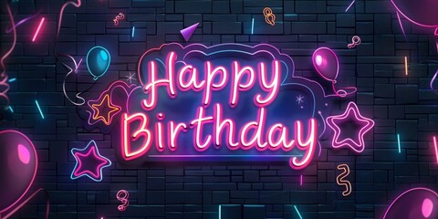 colorful neon lights glowing in the shape of a happy birthday message on a dark brick wall background Generative AI