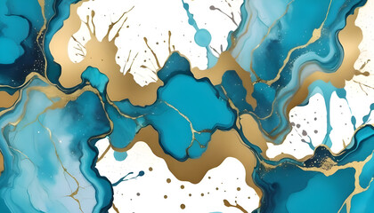 Abstract blue and gold paint splash background with golden stains. Cyan marble alcohol ink drawing effect. Turquoise geode with kintsugi. illustration design template for wedding,festive