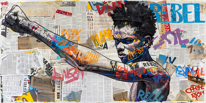 Graffiti, collage of grunge newspapers and multicolored painting, illustration of an African man with a fighting spirit, raising fist as a rebel, urban graphic artwork, street art, mixed media