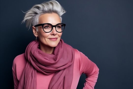 Portrait of a beautiful senior woman wearing glasses and a pink scarf