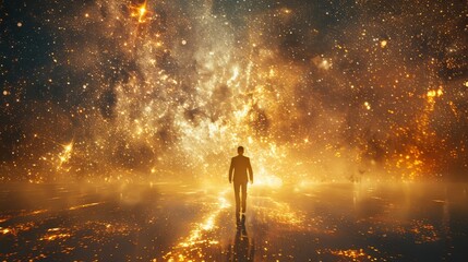 A solitary figure walks into the engulfing golden glow of a nebula, surrounded by a myriad of stars and cosmic dust. - obrazy, fototapety, plakaty