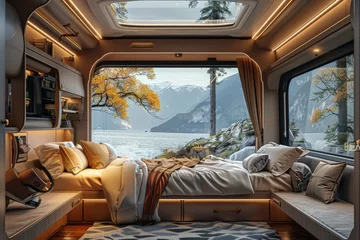 Fotobehang luxury bedroom of camper van. camping concept © itchaznong