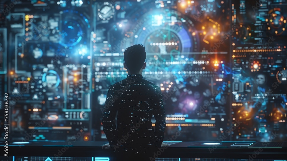 Poster silhouetted man standing before a large holographic control panel with complex data visualizations i