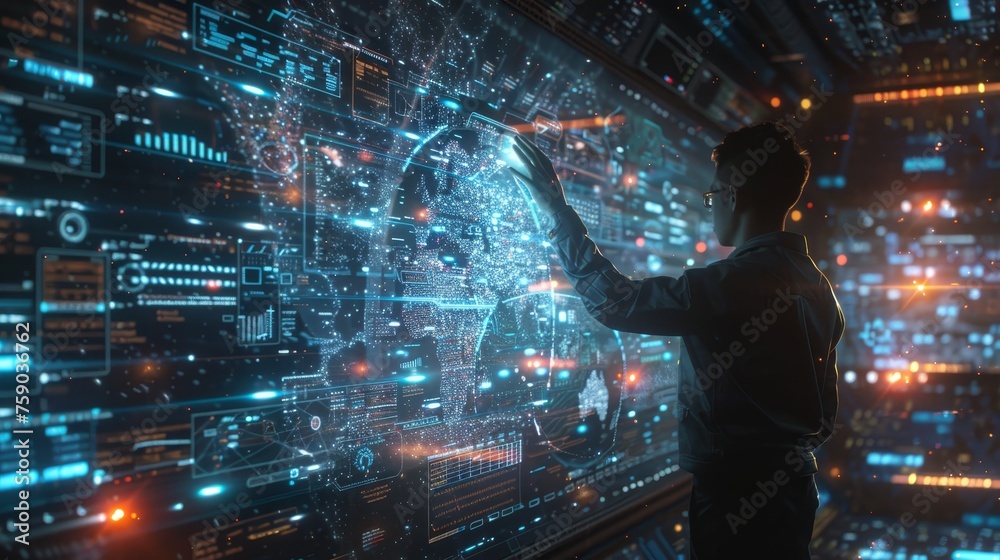 Poster a professional interacts with a sophisticated holographic interface displaying advanced data analyti