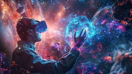 A person wearing a virtual reality headset reaches out towards a vibrant, glowing cosmic entity amidst a starry space backdrop.