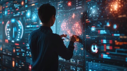 Obraz premium A data analyst examines complex data visualizations on multiple high-resolution screens in a modern analytical laboratory.