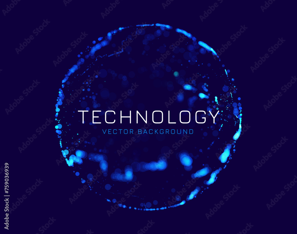 Poster 3D Particles Sphere Technology Background. Blurry Dots Micro World Abstract Technology Science Sphere. VR Virtual Reality Tech Orb Vector Illustration.