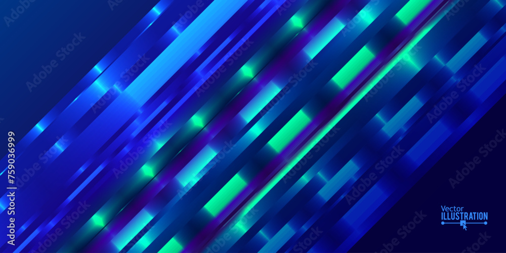 Poster Abstract Futuristic Background with Blue Glowing Light Effects. Diagonal Speed Color Lines Vector Illustration. Fast Motion Glow Effect.