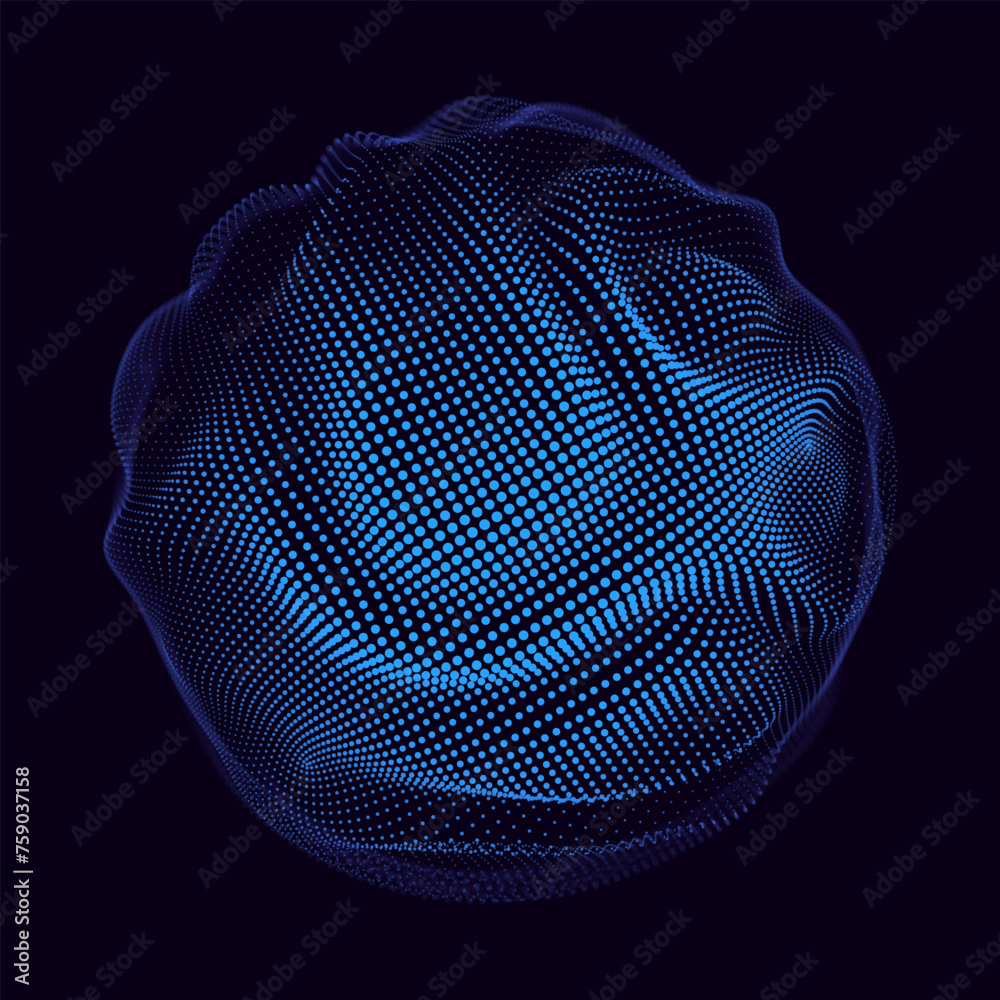 Aufkleber Sound Wave 3D Sphere Curve with Particles. Colorful Equalizer Background. Abstract Dots Audio Visualization Cover. Vector Illustration for Technology Music Posters, Covers, Banners, Events.