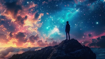 On the summit, a dreamer looks up into the expansive heavens, scattered with countless stars, awash in the interplay of cosmic hues.