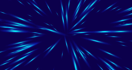 Abstract Glowing Light Rays Background. Speed of Light Illustration. Space Science Fiction Travel, Warp, Teleport, Hyper Speed Jump Effect Concept. Vector Illustration.