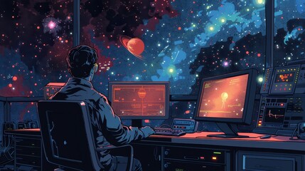 Illustration of an astronomer at the command center with screens displaying celestial data, gazing out at a vivid cosmos peppered with stars and planets.