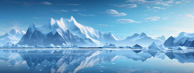 a snowy mountain range and water