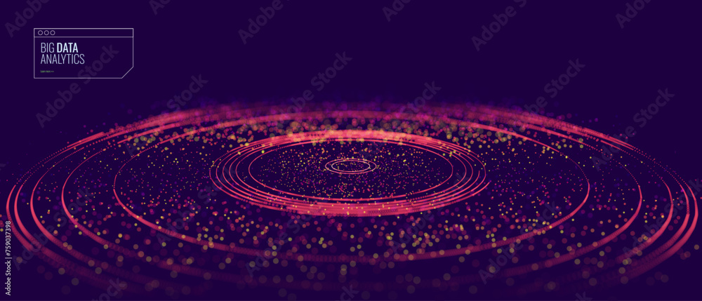 Poster Abstract Digital Circles of Particles. Futuristic Circular Sound Wave. Big Data Visualization. 3D Virtual Space VR Cyberspace. Crypto Currency Blockchain Concept. Vector Illustration.