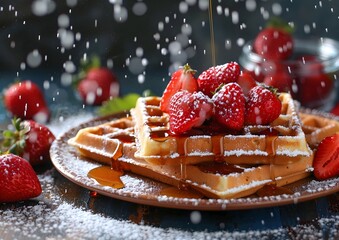 Waffles with syrup and strawberries stock photo