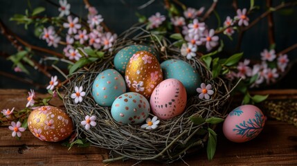 a bird's nest filled with painted eggs on top of a wooden table next to pink and white flowers.