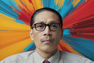 Black short haired japanese adult men portrait on colorful psydelic background. Stubble beard, glasses. Red, blue, yellow watercolor.